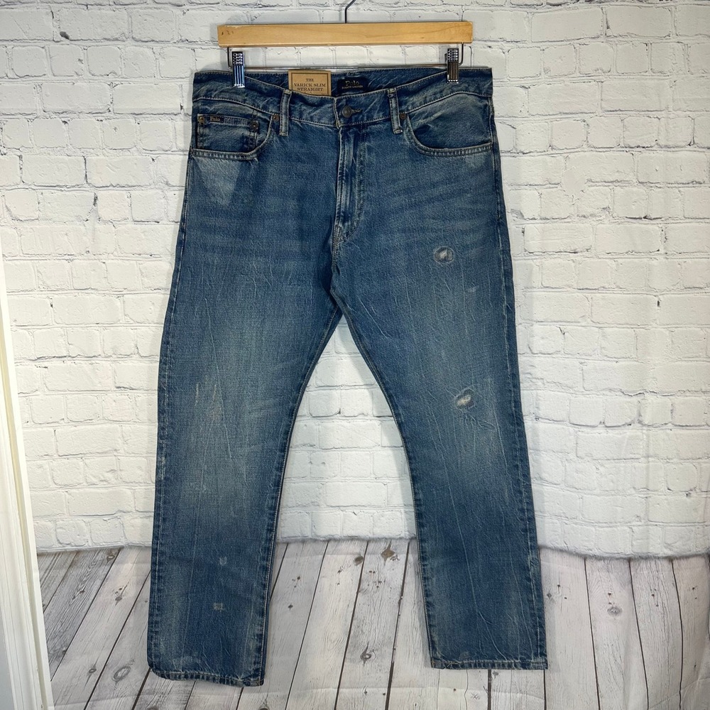 NEW Polo Ralph Lauren Varick Slim Straight Jeans Mens 34x30 Medium Distressed
